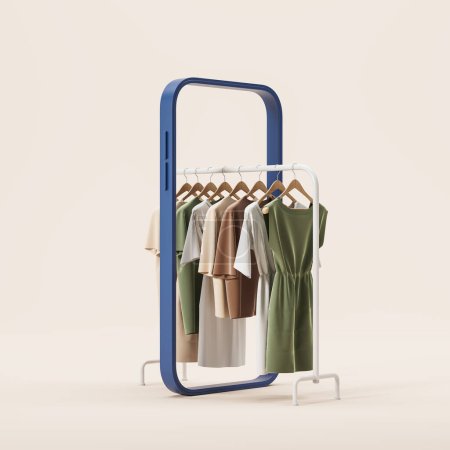 Photo for Phone abstract display and rail with clothes on hangers in row, beige background. Concept of online shopping, sale and order delivery. 3D rendering illustration - Royalty Free Image