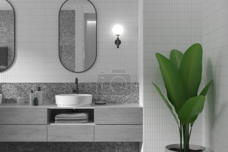 Téléchargez les photos : Maison calme moderne salle de bains intérieure avec des équipements modernes et un charme rustique. Il allie élégance, confort et nature. Rendu 3d. - en image libre de droit