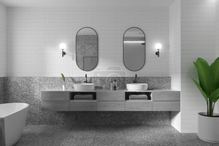 Modernes, ruhiges Bad mit modernen Annehmlichkeiten und rustikalem Charme. Es vereint Eleganz, Komfort und Natur. 3D-Darstellung.