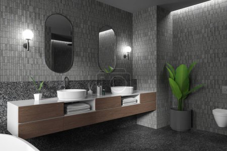 Photo for Modern tranquil home bathroom interior with modern amenities and rustic charm. It blends elegance, comfort, and nature. 3d rendering. - Royalty Free Image