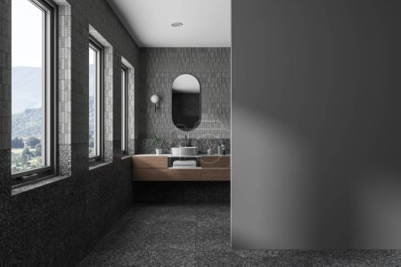 Photo for Modern tranquil home bathroom interior with modern amenities and rustic charm, a stunning mountain view. Mockup empty blank wall template. It blends elegance, comfort, and nature. 3d rendering. - Royalty Free Image