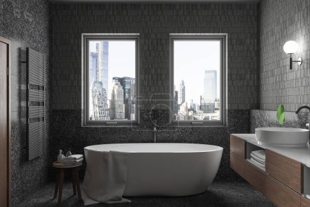 Téléchargez les photos : Maison calme moderne salle de bain intérieure avec des équipements modernes et un charme rustique, une vue imprenable sur la ville de New York. Il allie élégance, confort et nature. Rendu 3d. - en image libre de droit