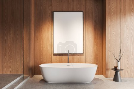 Téléchargez les photos : Confortable salle de bain intérieure de l'hôtel avec baignoire en céramique blanche avec accessoires, sol en béton gris. Zone de baignade élégante avec mur en bois. Affiche en toile maquillée. rendu 3D - en image libre de droit