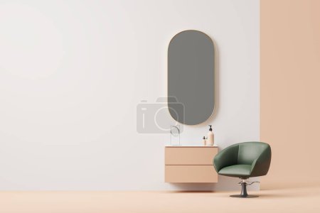 Photo for White salon interior with oval mirror and floating dresser, green armchair on beige floor. Mock up empty wall. Concept of beauty care, image studio and style. 3D rendering illustration - Royalty Free Image
