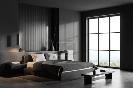 Photo for Corner of stylish bedroom with gray and dark wooden walls, concrete floor, comfortable king size bed with gray plaid and two dark wooden bedside tables. Big window with mountain view. 3d rendering - Royalty Free Image