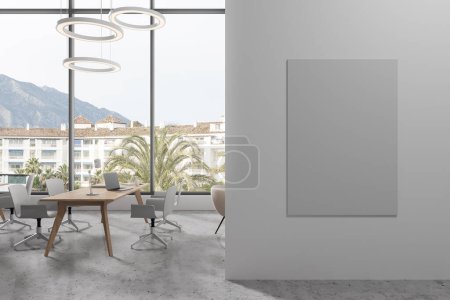 Photo for Modern workspace interior with wooden table and chairs, panoramic window. Minimalist library space and meeting room with stylish furniture. Mock up canvas poster. 3D rendering - Royalty Free Image