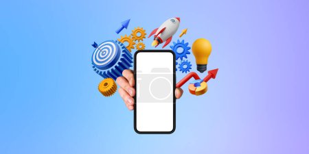 Photo for Man hand showing phone with mockup blank display. Business start up icons, lightbulb, gears and rocket take off with growing arrows. Concept of mobile app, finance and profit - Royalty Free Image