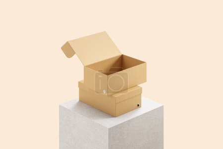 Téléchargez les photos : Boîtes en carton sur podium carré gris béton, fond rose. Concept de paquet, cadeau et chaussures. Espace de copie de maquette pour l'affichage du produit. Illustration de rendu 3D - en image libre de droit