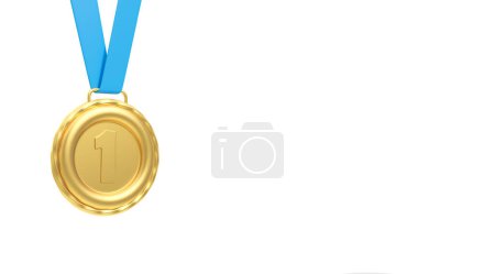 Téléchargez les photos : Une médaille d'or avec la première place sur un ruban bleu, prix du champion sur fond blanc vide d'espace de copie. Concept de récompense, de succès et de compétition. Illustration de rendu 3D - en image libre de droit