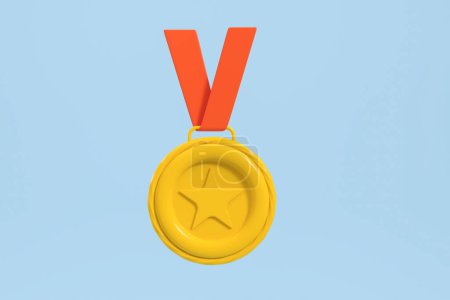 Téléchargez les photos : Un badge médaille étoile d'or sur un ruban rouge, prix gagnant sur fond bleu vide. Concept d'évaluation de haute qualité, récompense et trophée. Illustration de rendu 3D - en image libre de droit