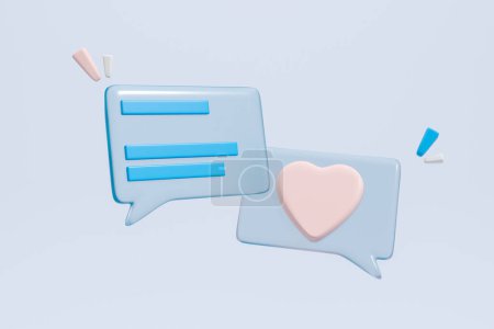 Photo for Glossy glass speech bubbles with dialogue and heart icon on blue background. Concept of online communication, voice messages and love letters. 3D rendering illustration - Royalty Free Image
