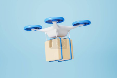 Téléchargez les photos : Vue du drone de livraison quadcopter blanc et bleu volant avec paquet sur fond bleu. Concept de livraison de marchandises le jour même et de la logistique. Rendu 3d - en image libre de droit