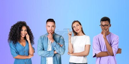 Portrait of four diverse college students in casual clothes standing in row and thinking over purple background. Concept of brainstorming, group work and career choice