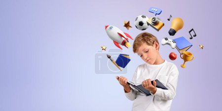 Photo for School boy carefully reading a book, different multimedia icons floating on empty purple background. Learning online, future opportunities and career choice. Concept of hobbies and education - Royalty Free Image
