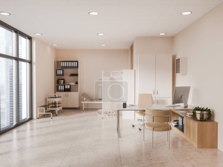 Photo for Interior of stylish doctor office with beige walls, tiled floor, comfortable doctor table with computer and beige chairs and examination couch and bookcase in background. 3d rendering - Royalty Free Image