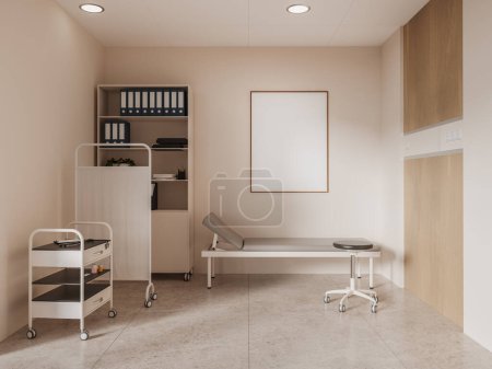 Photo for Cozy medical interior couch and cabinet, partition and stool on wheels. Shelf with documents on hardwood floor. Doctor's consulting room with furniture. Mock up canvas poster. 3D rendering - Royalty Free Image