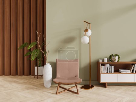Foto de Elegante hogar interior de la sala de estar con sillón y lámpara de oro, libros y decoración minimalista en el suelo de madera. Acogedor lugar de relax con aparador en el apartamento estudio. Renderizado 3D - Imagen libre de derechos