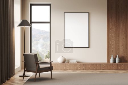 Photo for Interior of modern living room with beige and wooden walls, wooden floor, comfortable gray armchair standing on carpet and vertical mock up poster near window. 3d rendering - Royalty Free Image