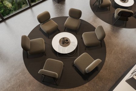 Top view of cozy business room interior with soft armchairs and round table, carpet on concrete floor. Minimalist conference zone with comfortable modern furniture. 3D rendering