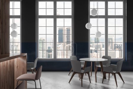 Photo for Dark restaurant interior with bar counter, stool and round dining table with chairs, grey concrete floor. Minimalist dining zone with panoramic window on Kuala Lumpur skyscrapers. 3D rendering - Royalty Free Image