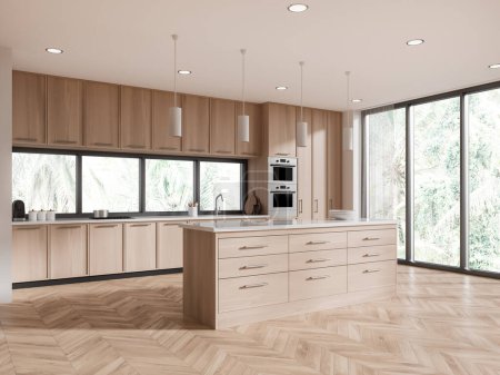 Foto de Interior de cocina de madera de diseño moderno con mesa y sillas, barra de la isla, ventana con vista y luz del día. Renderizado 3D. - Imagen libre de derechos