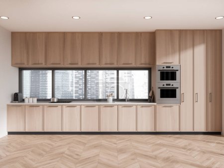 Foto de Acogedor hogar de madera cocina interior estantes de cocina con fregadero, estufa y horno montado. Menaje de cocina minimalista y armario con ventana panorámica en los rascacielos de Singapur. Renderizado 3D - Imagen libre de derechos
