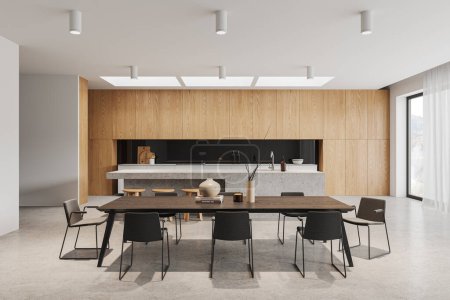 Photo for Interior of modern kitchen with white walls, concrete floor, wooden cabinets and cupboards, massive stone island and long dining table with chairs. 3d rendering - Royalty Free Image