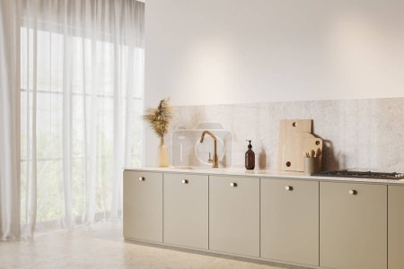 Téléchargez les photos : Coin de cuisine moderne avec murs blancs, sol en pierre et confortables armoires beige avec évier intégré et cuisinière debout près de la fenêtre. Rendu 3d - en image libre de droit