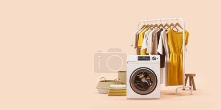 Foto de Lavadora y riel minimalista con ropa en perchas, vestidos y camisetas sobre fondo beige. Concepto de servicio de lavandería. Ilustración de representación 3D - Imagen libre de derechos