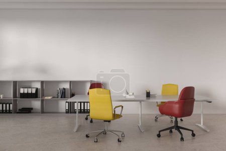 Photo for White office interior with a shared desk with red and yellow armchairs, shelf with folders. Coworking space for students and business teamwork. Mock up empty wall. 3D rendering - Royalty Free Image