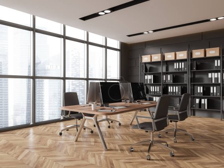Photo for Stylish workspace interior with office chairs and computer monitors on a shared desk, side view shelf with folders. Business work corner and panoramic window on skyscrapers. 3D rendering - Royalty Free Image