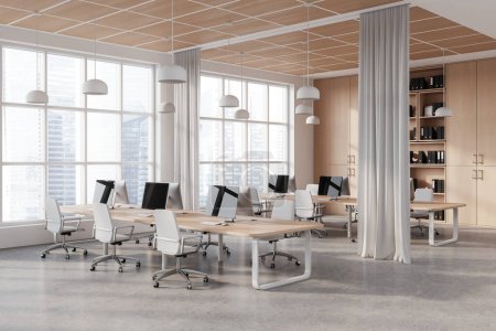 Foto de Esquina de la moderna oficina de espacio abierto con paredes blancas y de madera, cómodas mesas informáticas con sillas blancas, librería con carpetas y cortinas blancas para la división de habitaciones. renderizado 3d - Imagen libre de derechos