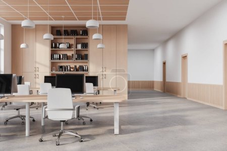 Photo for Interior of modern open space office with white and wooden walls, concrete floor, comfortable computer tables with white chairs, bookcase and row of doors in the wall. 3d rendering - Royalty Free Image