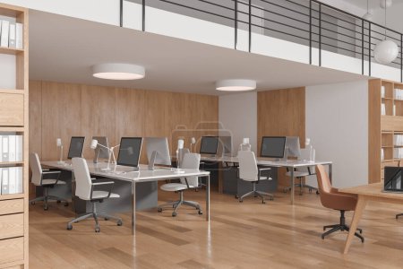Photo for Modern coworking interior with armchairs and pc computer on table in row, side view hardwood floor. Business workspace corner and shelf with folders. 3D rendering - Royalty Free Image