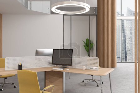 Photo for Stylish coworking interior with armchairs and pc desktop monitor on shared desk, side view. Business workplace and plant near panoramic window on Singapore skyscrapers. 3D rendering - Royalty Free Image