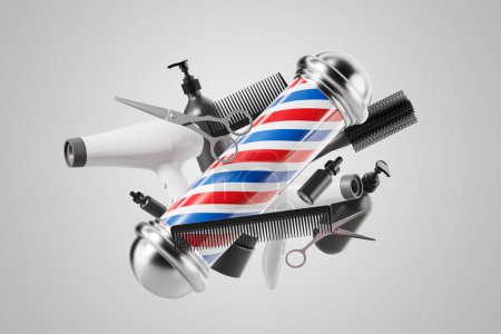 Photo for Barber pole and set of hairdressing equipment with hairdryer, scissors, combs, brushes and self care products over gray background. Concept of hairstyling business. 3d rendering - Royalty Free Image