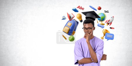 Photo for Thoughtful businessman student with graduation cap and diploma, diverse education icons with books and rocket flying on empty grey concrete wall background. Concept of career choice - Royalty Free Image