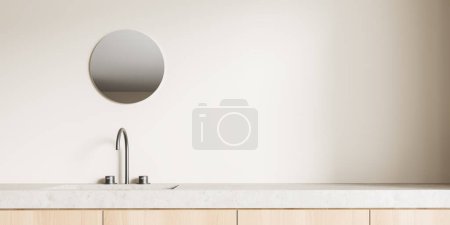 Téléchargez les photos : Intérieur de salle de bain beige avec lavabo et miroir rond. Zone de baignade élégante avec mur d'espace de copie maquette. rendu 3D - en image libre de droit