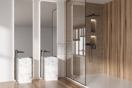 Téléchargez les photos : Intérieur salle de bain blanche avec douche derrière cloison en verre, vue latérale, double évier en marbre avec miroir et accessoires de bain, parquet. rendu 3D - en image libre de droit