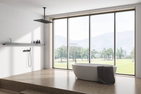 Photo for Corner view on bright bathroom interior with bathtub, panoramic window with countryside view, white walls, concrete floor, shelf with shampoo, liquid soap, towel. 3d rendering - Royalty Free Image