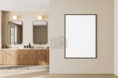 Photo for Beige bathroom interior with double sink and wooden dresser with accessories, foot towel on light concrete floor. Mockup canvas poster. 3D rendering - Royalty Free Image