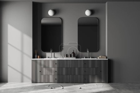 Photo for Dark bathroom interior with double sink and two mirrors, foot towel on grey concrete floor. Black wooden dresser with bath accessories. 3D rendering - Royalty Free Image