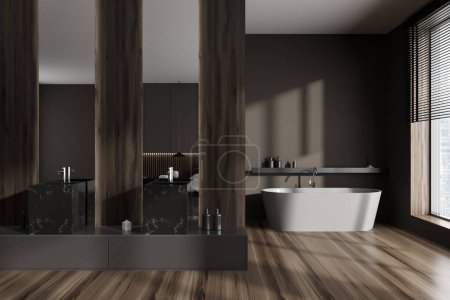 Photo for Dark hotel studio interior with double sink and bathtub, sleeping area and panoramic window on Singapore skyscrapers. Mockup copy space wall. 3D rendering - Royalty Free Image