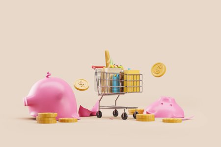 Photo for Shopping cart with products and broken piggy bank with dollar coins, empty beige background. Concept of inflation and high prices. Copy space. 3D rendering - Royalty Free Image