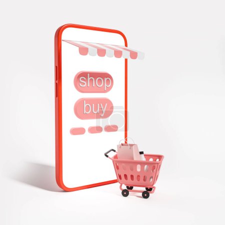Foto de Smartphone pantalla en blanco maqueta, tienda y botones de compra. Diseño minimalista de aplicaciones móviles, carro con productos sobre fondo blanco. Concepto de compras en línea. Renderizado 3D - Imagen libre de derechos