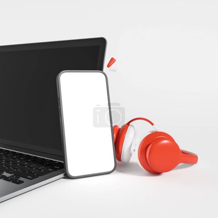 Foto de Smartphone pantalla de maqueta vacía, ordenador portátil y auriculares rojos en el fondo de luz. Concepto de aplicación móvil y servicio de streaming. Renderizado 3D - Imagen libre de derechos