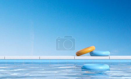 Foto de Tres anillos de goma de colores en una piscina. Accesorio inflable del verano y cielo, fondo azul vacío. Concepto de relax y vacaciones. Copiar espacio. Renderizado 3D - Imagen libre de derechos