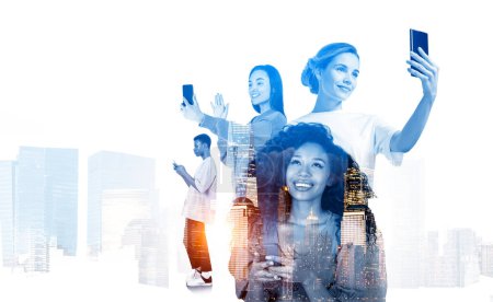 Photo for Multinational business students silhouettes using phone, mobile video conference, dreaming look and New York skyscrapers at night, double exposure. Concept of teamwork - Royalty Free Image