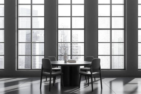 Photo for Dark dining room interior with table and chairs on grey tile concrete floor. Modern living room with decoration and panoramic window on Singapore city view. 3D rendering - Royalty Free Image