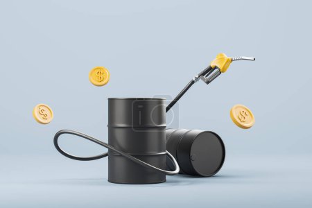 Schwarzes Ölfass und gelbe Benzinpistole, schwimmende Dollarmünzen auf blauem Hintergrund. Konzept von Kraftstoff und Benzin. 3D-Rendering